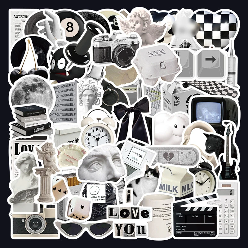 

60pcs Black and White Simple Style Stationery Stickers Water Cup Ipad Mobile Phone Helmet Case Decoration Waterproof PVC Decal