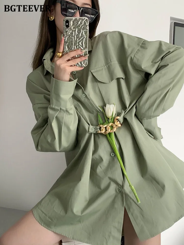 

BGTEEVER Fashion Turn-down Collar Chain Women Shirts 2022 Autumn Full Sleeve Loose Single-breasted Pockets Female Blouses Tops