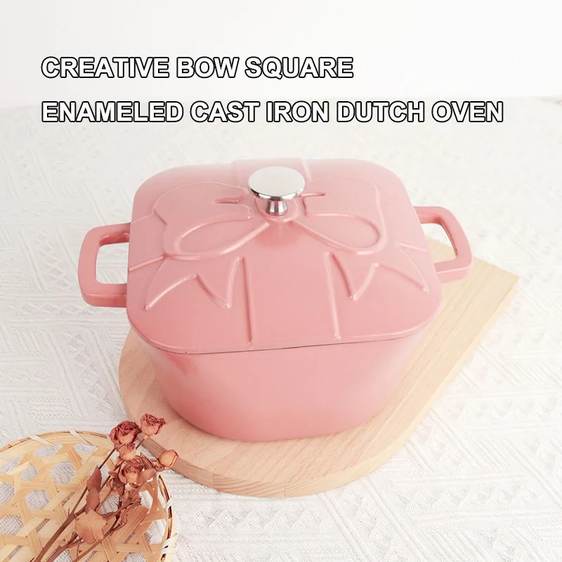 

Квадратная эмалированная чугунная духовка диаметром 20 см, розовая рельефная кастрюля для супа, кастрюля, кухонные аксессуары, инструменты для готовки