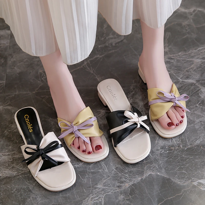 

Shoes Women Med Female Slippers Luxury Slides Butterfly-Knot Square heel Platform Soft 2022 Designer Summer Block Hoof Heels Fa