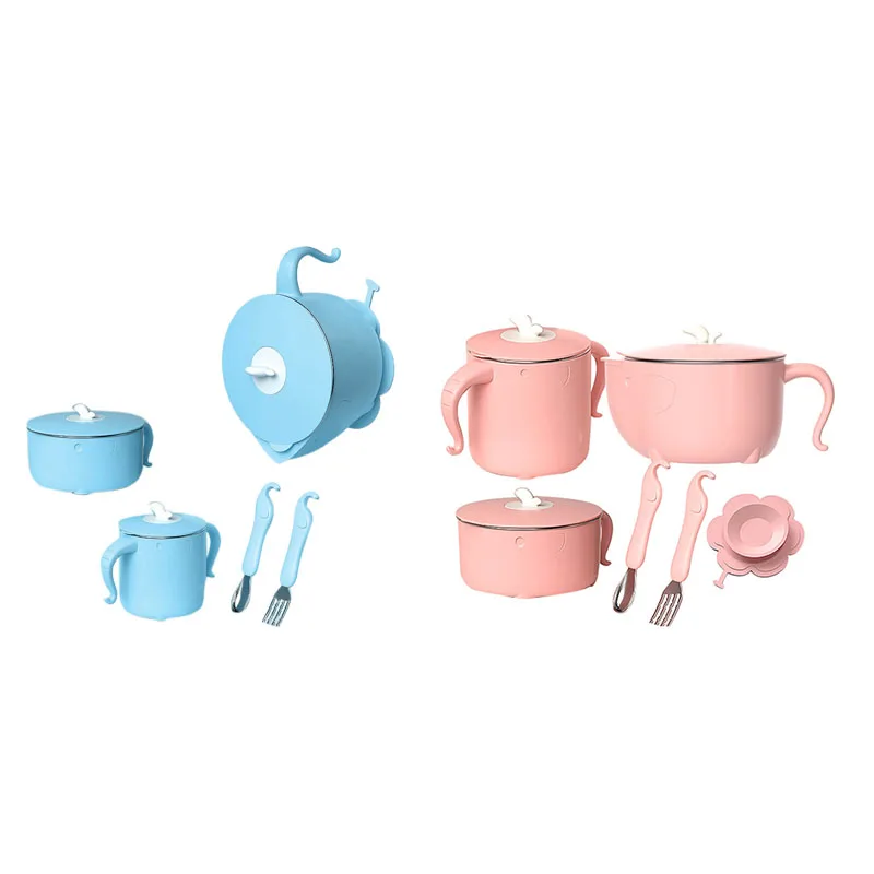 

Baby Food Feeding Set Kids Tableware Thermal Stainless Steel Bowl Silicone Spoon Fork Toddler Cup Insulated Sucker