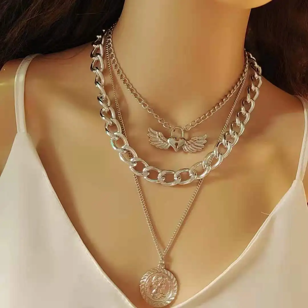 

Personality Mix and Match Geometric Thick Hiphop Necklace Female Retro Head Coin Multi-layer Clavicle Temperament Sweater Chain
