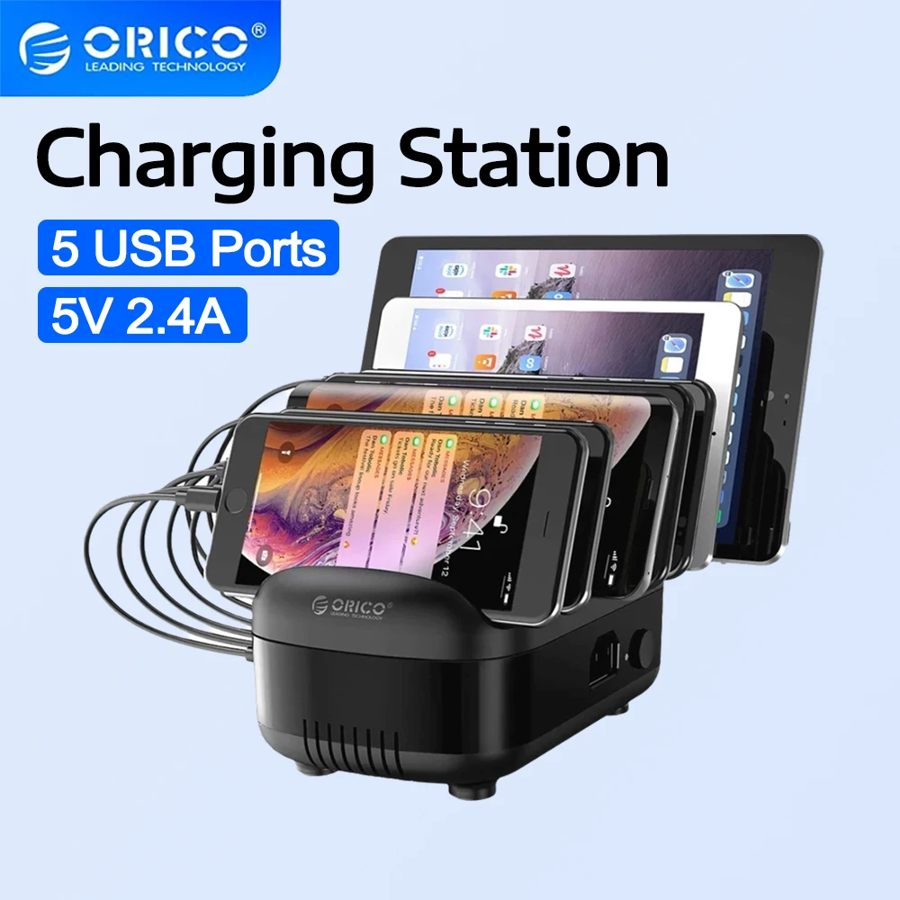 Фото Зарядная док-станция ORICO с 5 портами USB, зарядное устройство с несколькими разъемами, адаптер питания с 5 портами USB A для iPhone, Samsung, Xiaomi, планшетов №1
