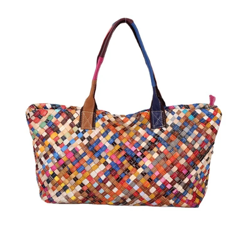 Genuine Leather Bag For Women Fashion Large Capacity Tote Bag Multi Color Bag Woven Bag Contrast Handbag Handmade Bag
