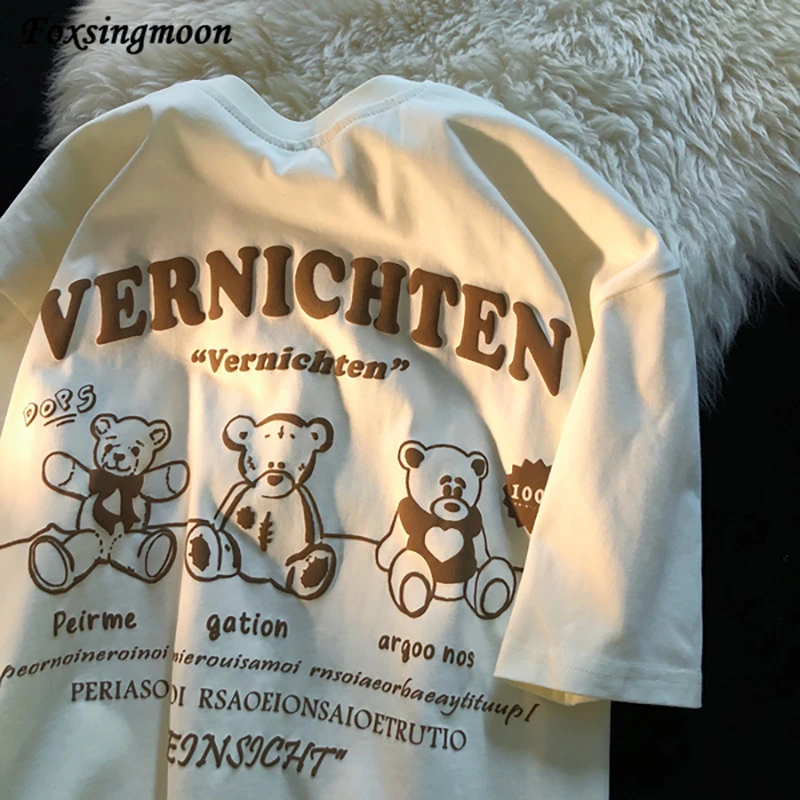

Women T-shirts Harajuku Girls Tops Letter Jacquard O-Neck Short Sleeves Loose 2022 Summer New T-shirt Bear White Tees Clothes