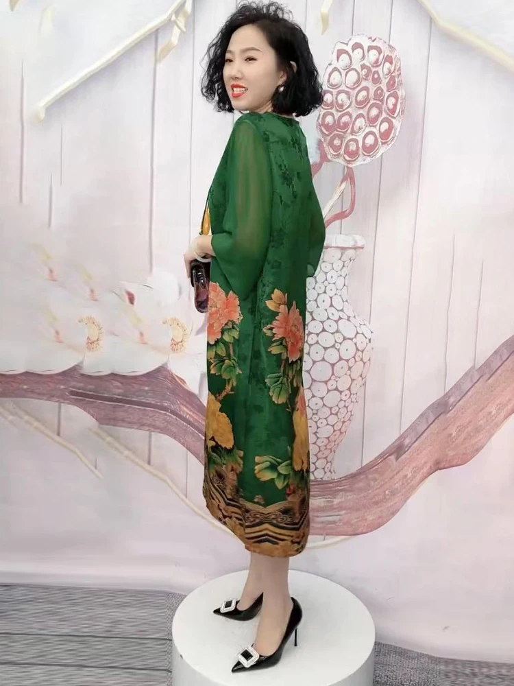 Step Shake Buckle Rich Peony Jacquard Dress Versitile Fashion Temperament Slim fit Long Skirt Middle-Aged and Elderly Middle-...