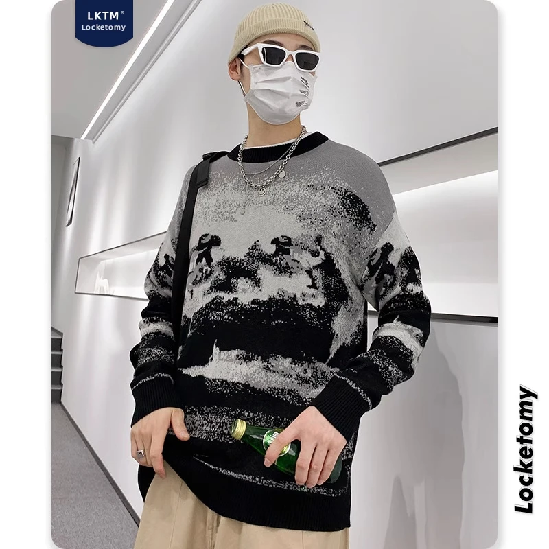 

Warm Winter Soft Knitwear Pullover Loose O-neck Sweaters for Men Aesthetic Y2K Sea Wave Jacquard Weave Jumper Harajuku Couples