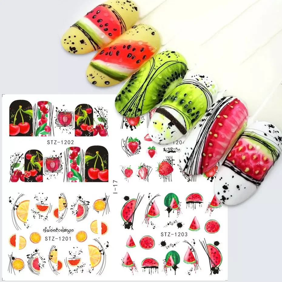 

4 in 1 Nail Stickers Water Decals Summer Fruit Watermelon Flowers Abstract Nail Art Sticker Sliders Tattoo Decorations TRI01-19