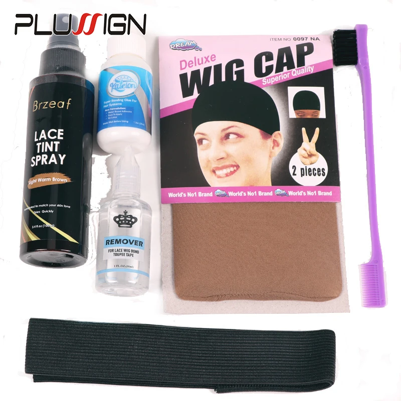 38Ml Waterproof Lace Front Wig Glue And Lace Tint Spray Kit Adhesive Remover With Melt Elastic Headband Brown Stocking Wig Cap