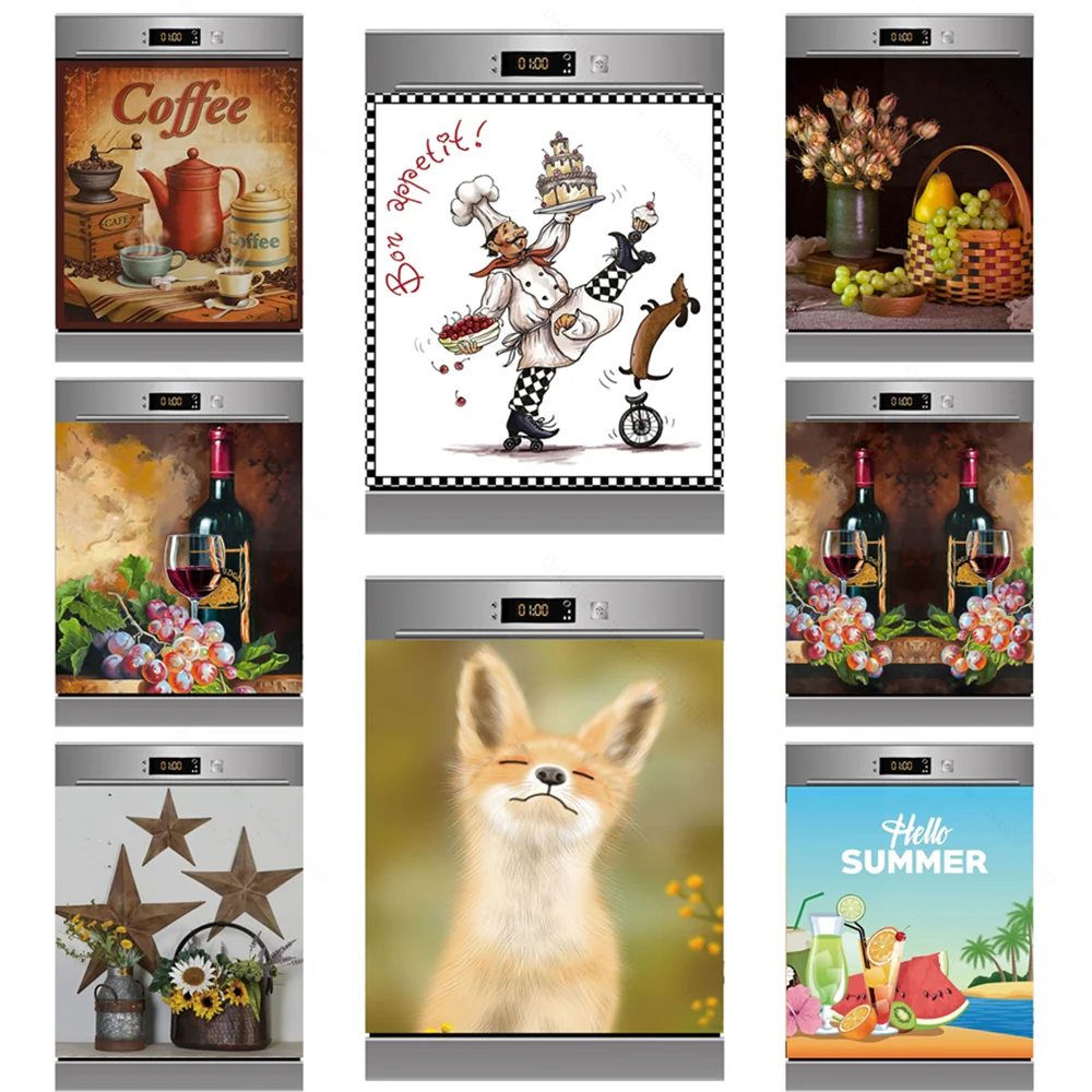 

3D SelfAdhesive Dishwasher Stickers Cartoon Funny Chef Wall Sticker Coffee Wine Food Cups Art Fridge Door Cover Kitchen Decor