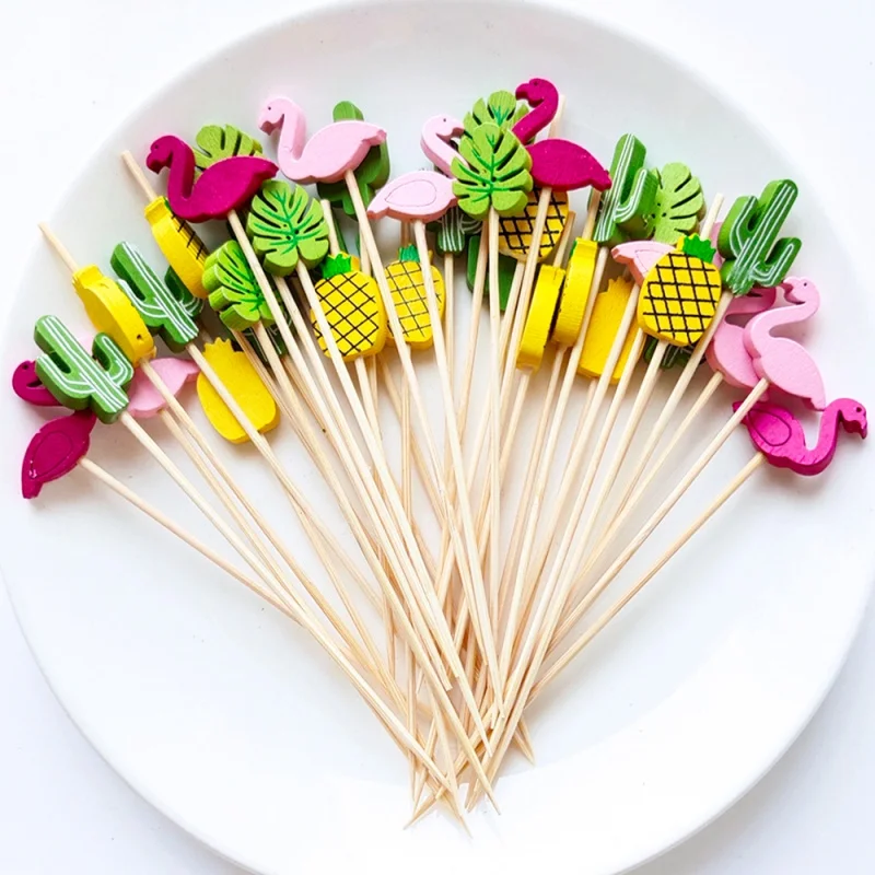 

2023NEW 100Pcs Party Disposable Bamboo Skewers Turtle Leaf Flamingo Fruit Buffet Bamboo Sticks Tropical Hawaii Party Decorations