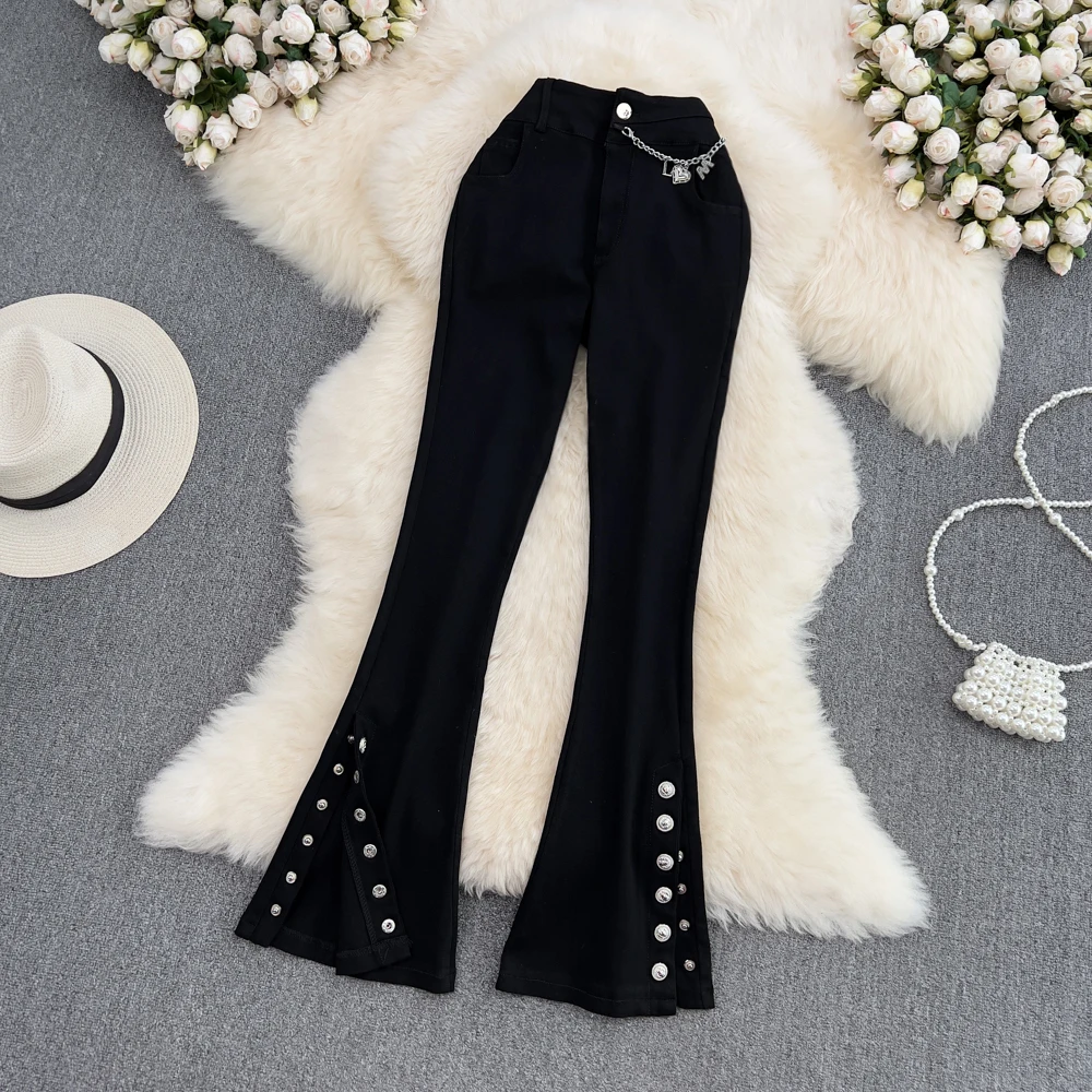 

Summer New Korean Version of High Waist Slim Metal Buckle Elastic Slit Micro Flared Trousers with a Sense of Hanging Casual Long