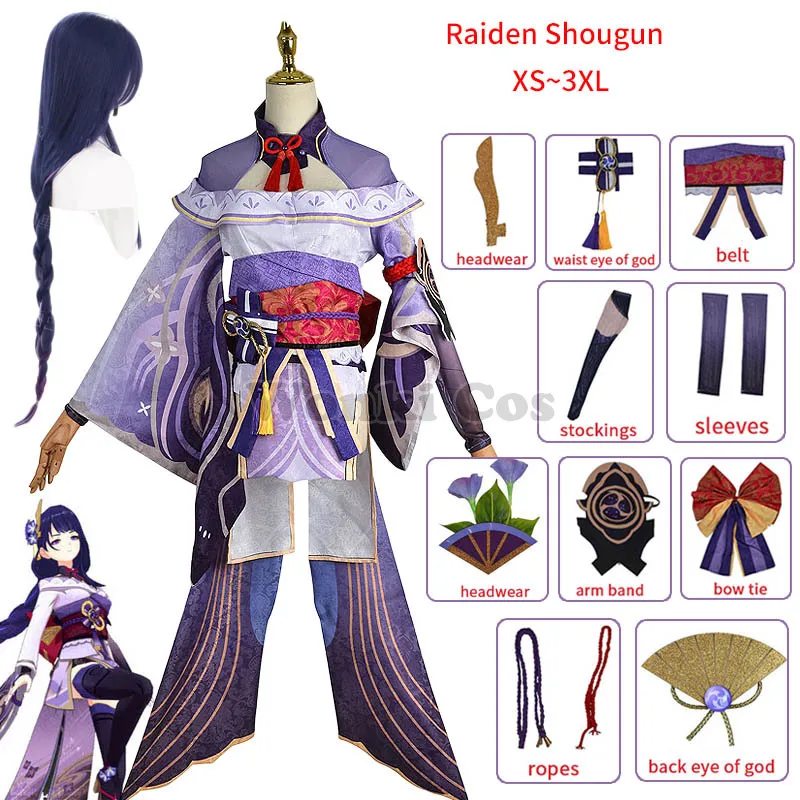 

Костюм для косплея Genshin Impact Raiden Shogun, парик, фиолетовые длинные волосы, костюмы на Хэллоуин, полный комплект, Genshin Baal Shougun, косплей