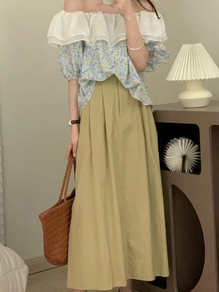 

Women Summer Two Piece Set Short Sleeve Off Shoulder Floral Shirt + High Waist A-line Midi Skirt Suits Vintage 2 Piece Outfits