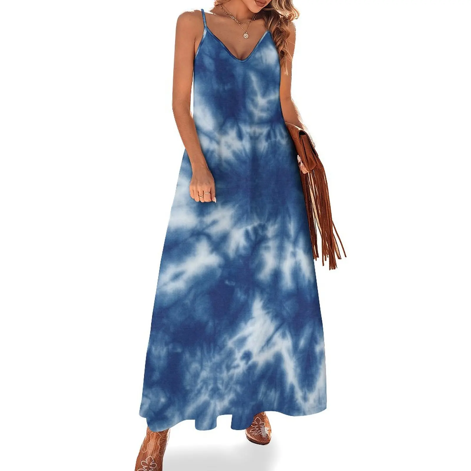 Синий батик Tie Dye Shibori этническое текстильное платье без рукавов с художественным