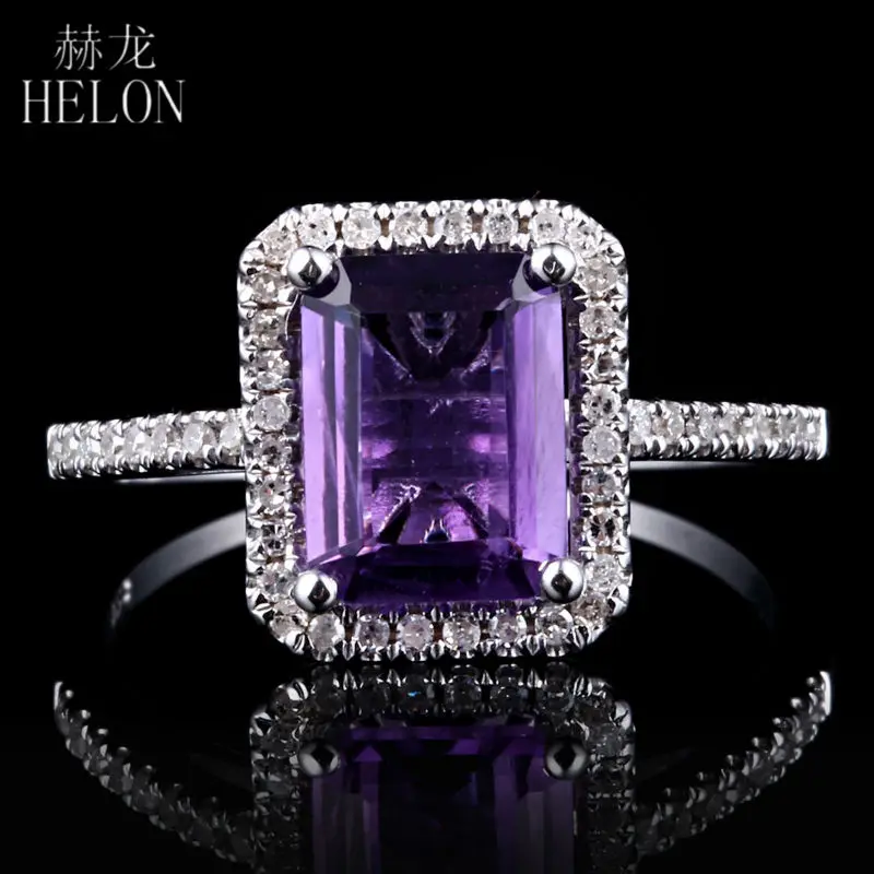 

HELON 8x6mm Emerald Cut Natural Amethyst Ring Solid 14k White Gold Lab Grown Moissanite Diamond Engagement Ring Women Jewelry