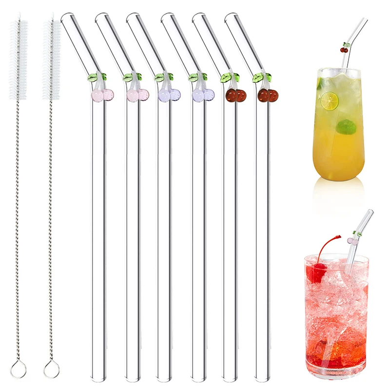 

High Borosilicate Glass Drinking Straws Set Reusable Bar Tool for Coffee Mug Tea Beer Cocktail Cherry Mushroom With Brush Gift