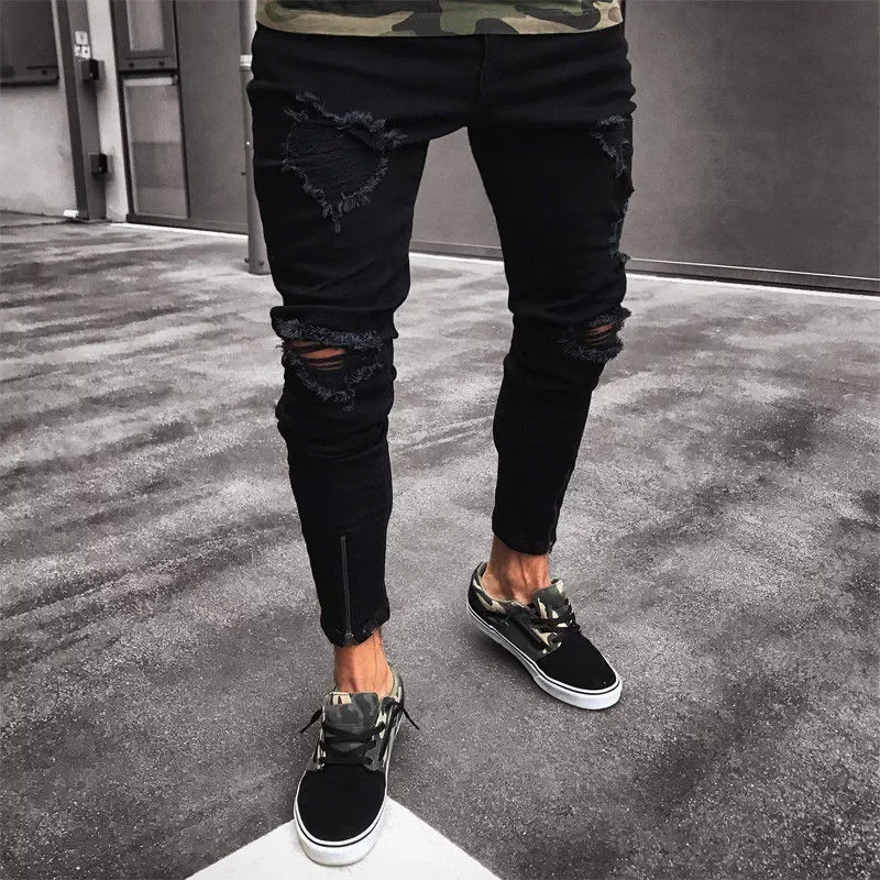 NEW Black Stretch Skinny Fit Bottom Zipper Jeans Men Knee Ripped Distressed Hole Biker Jeans Pants Hip Hop Street XXXL