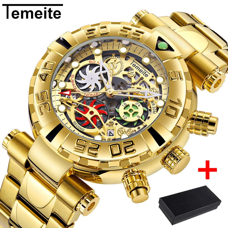 

Temeite Golden Mens Watches Top Brand Luxury Steel Big Dial Quartz Chronograph Gold Male Wristwatches Relogio Masculino 2022