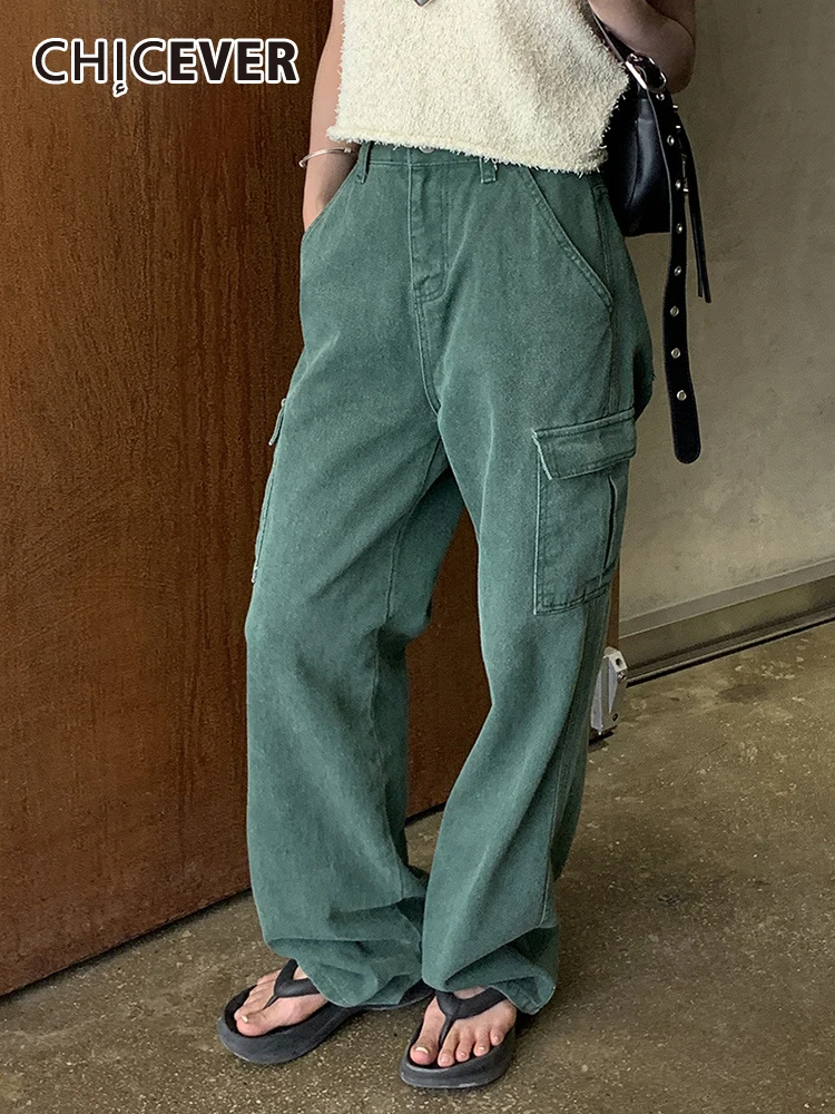 

CHICEVER Solid Straight Denim Trousers For Women High Waist Patchwork Pockets Folds Loose Streetwear Cargo Pant Female Spring