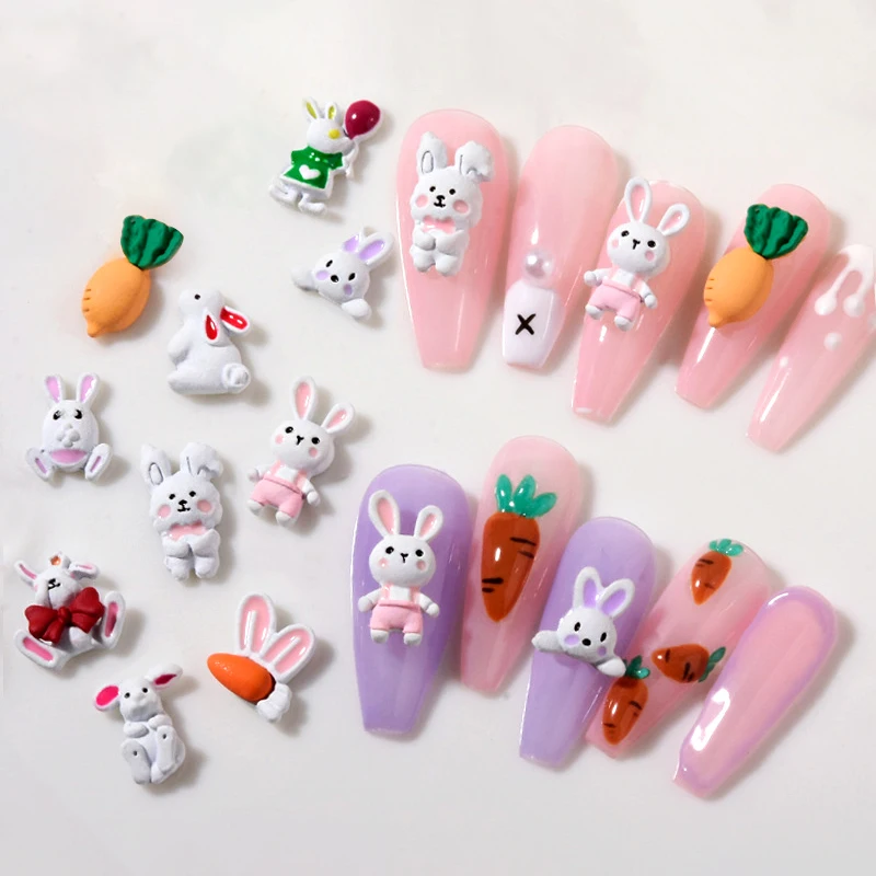 

DIY 10Pcs Cartoon Rabbit Carrot Alloy Nail Art Decorations Colored Lovely Bunny Spray Paint Metal Manicure Accessories Wholesale