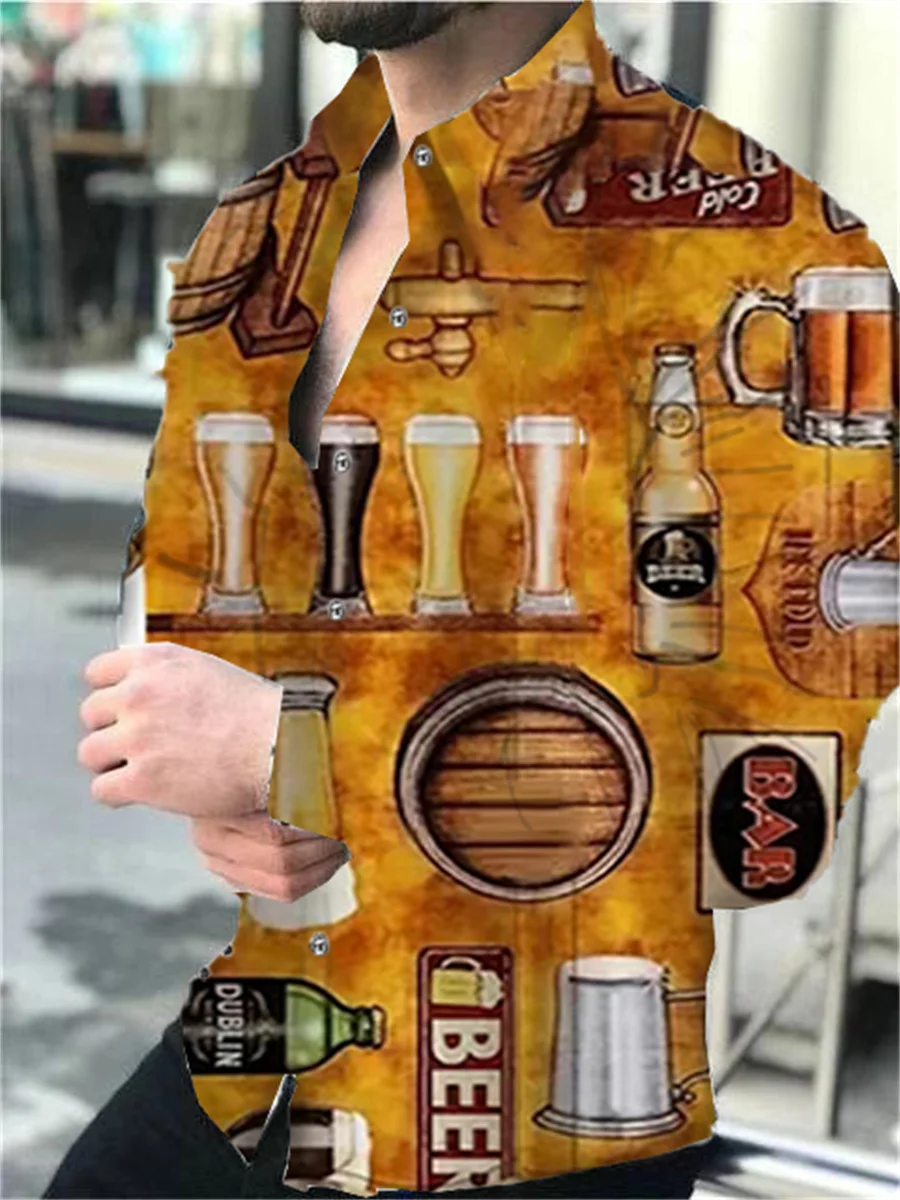 

Мужская мягкая рубашка с длинным рукавом, Повседневная Уличная рубашка с геометрическим рисунком черепа, пива, лацканами и пуговицами, весна-лето 2023
