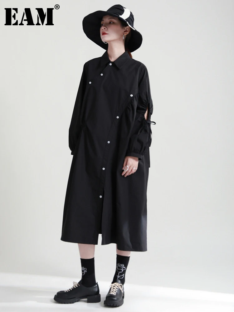 

[EAM] Women Black Button Irregular Big Size Shirt Dress New Lapel Long Sleeve Loose Fit Fashion Tide Spring Autumn 2022 1DE6794