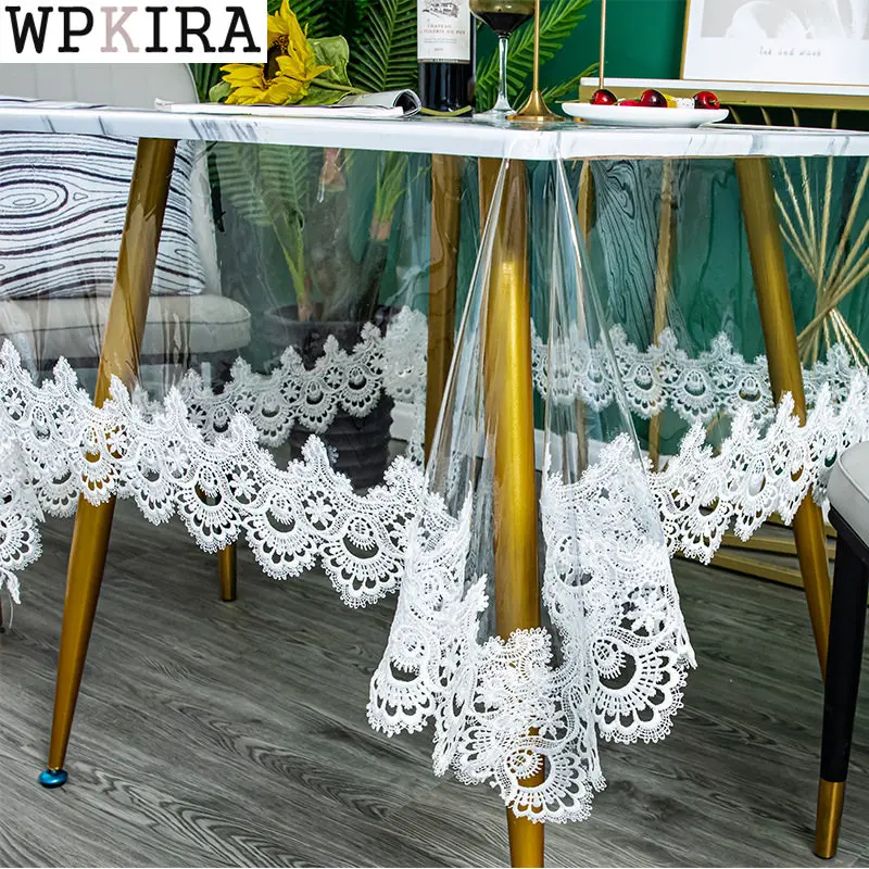 

Graceful Transparent Tablecloth PVC Soft Table Cover Waterproof With Fringe Embroidered Lace Rectangle Oil Proof S025#D