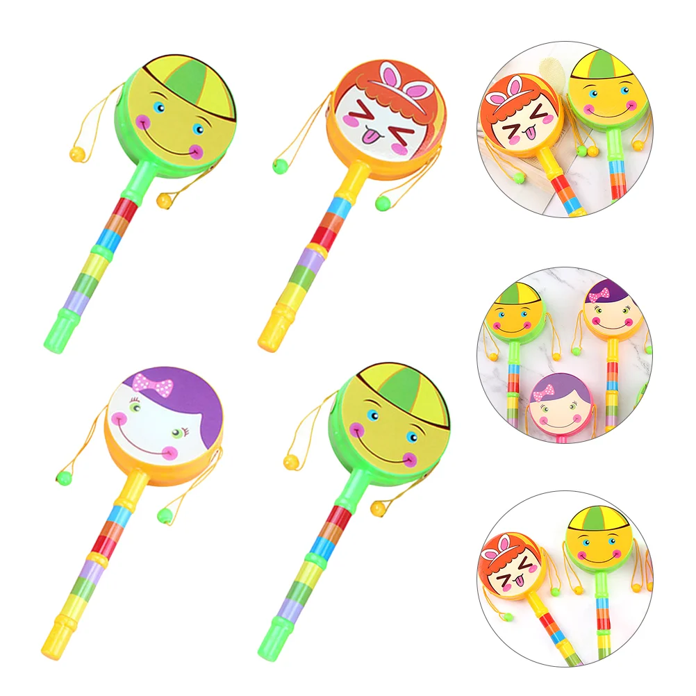 

4pcs Kids Rattle Drums Baby Rattle Drums Chinese Drum Toys Cartoon Hand Rattles