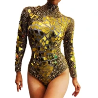 gold rhinestones costume mirror sequins bodysuit turtleneck long sleeve leotard party evening costume nightclub outfit women