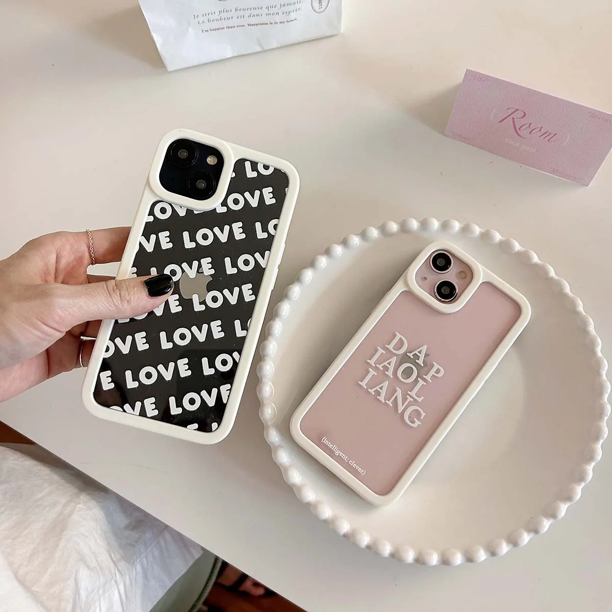 

LOVE White English Letter Transparent Hard Case for iPhone 11 12 13 14 Pro Max Sweethearts Full Cover Lens Anti Drop Phone Case