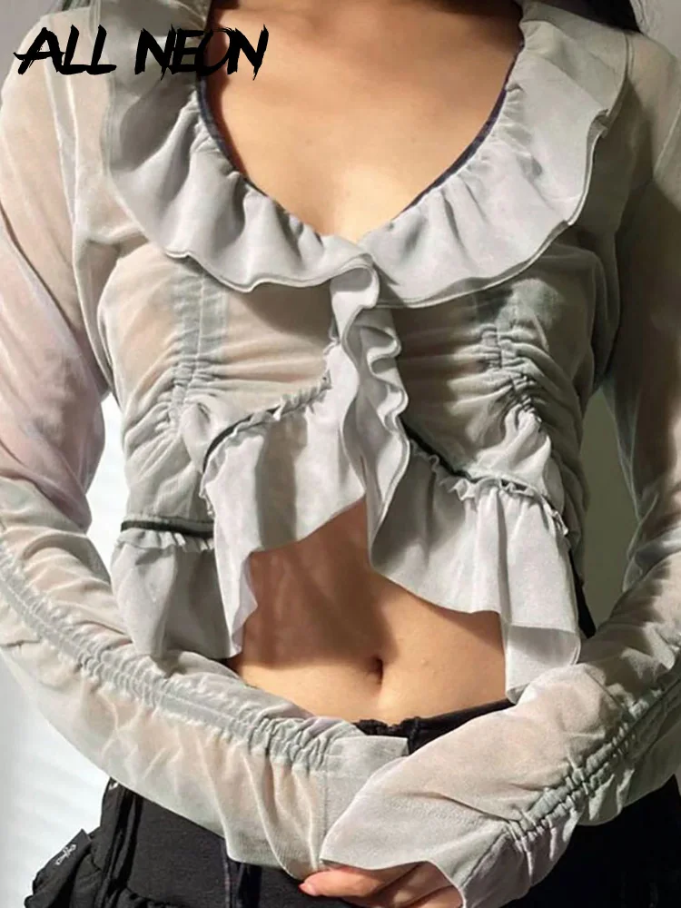 

ALLNeon 90s Aesthetics Vintage Ruffles Trim Drawstring Chiffon Tops Y2K Fairy Grunge O-neck Ruched Long Sleeve Grey T-shirts New