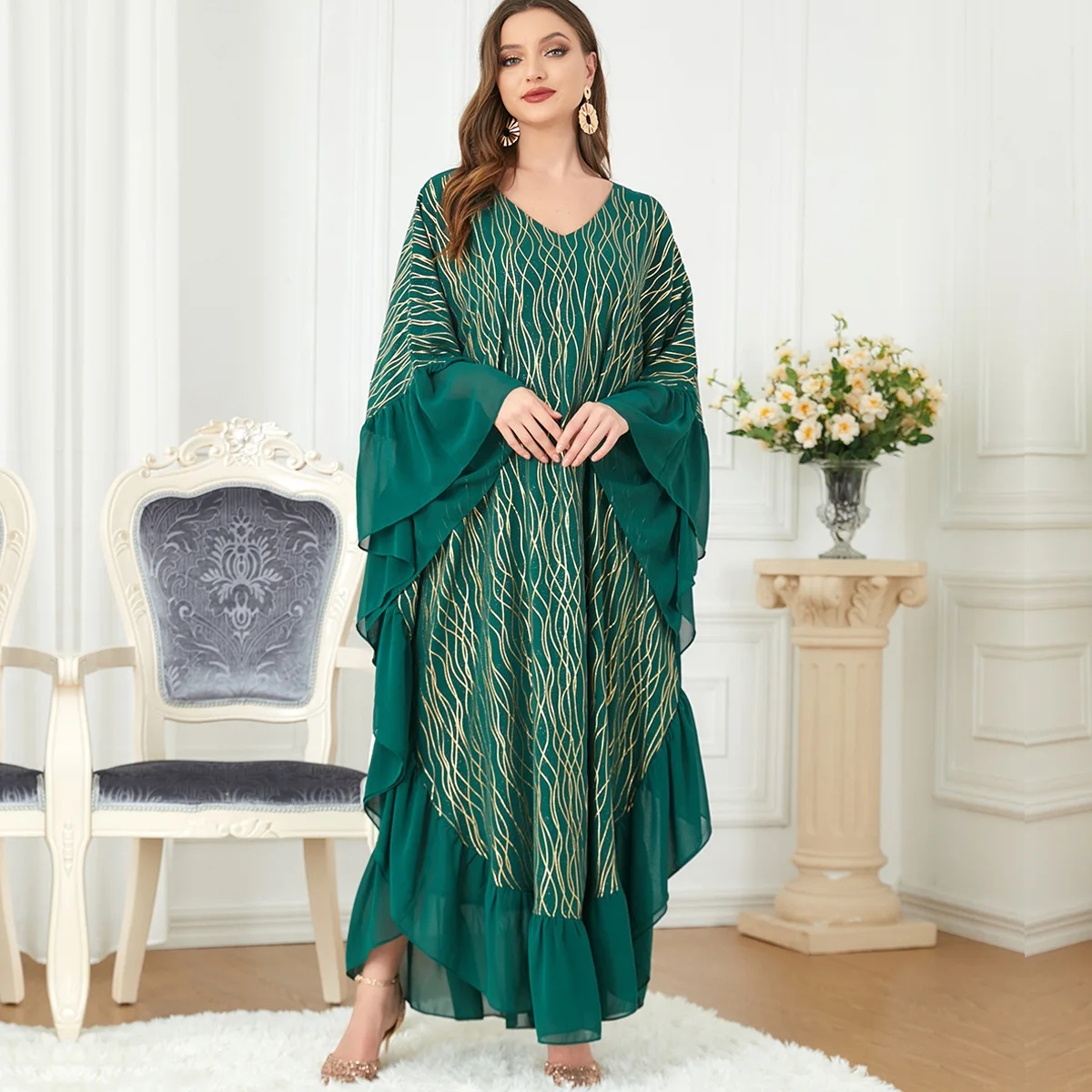 Abayas Dubai Green Chiffon Elegant Women Dress Turkey Arabic Oman Moroccan Caftan Muslim Fashion Female Clothes Vestidos