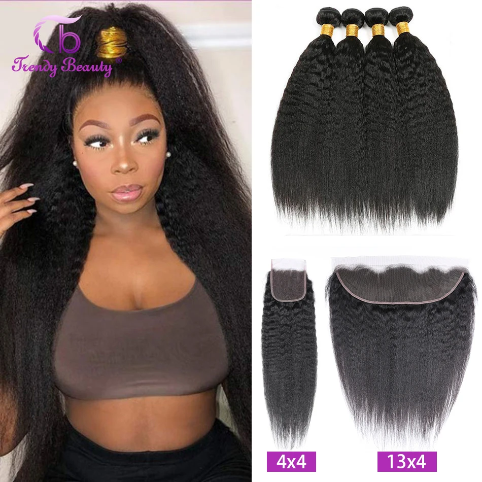 Brazilian Kinky Straight Hair Weaves 3/4 Bundles With 13X4 Lace Frontal Ear To Ear Double Drawn Bundles With 4x4 Lace Closure