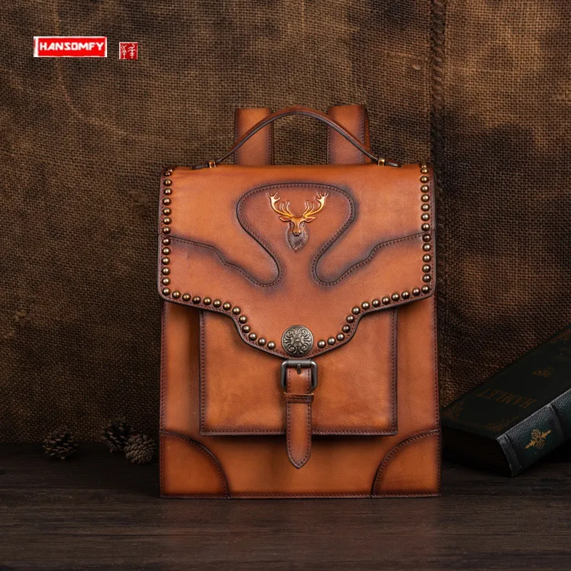 

New Men's Women's Real-Leather Bag Fashion Casual Men's Backpack First Layer Cowhide Large Capacity Retro Document Backpack