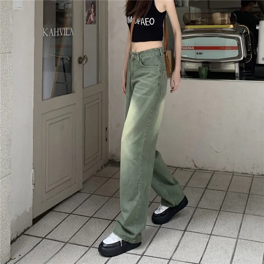 Streetwear Fashion Women Green Jeans Spring Autumn Vintage Versatile Pants New High Waist Wide Leg Loose Female Casual Trousers