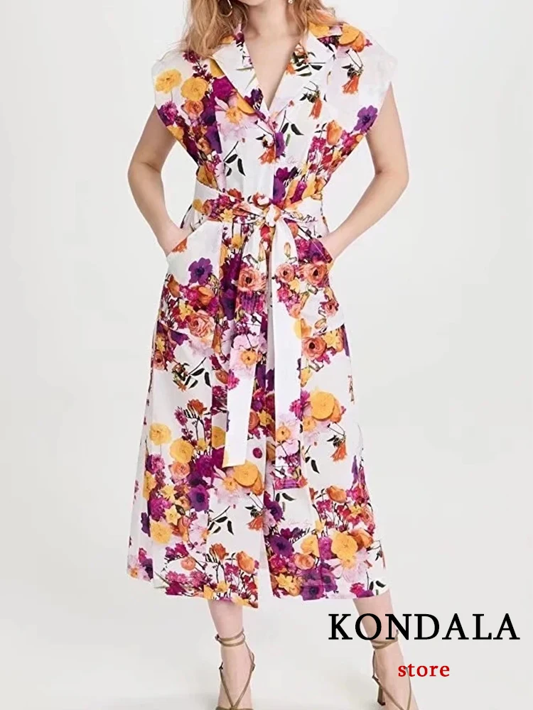 

Женское винтажное платье-рубашка KONDALA, длинное платье-трапеция без рукавов с цветочным принтом, V-образным вырезом и поясом, лето 2022