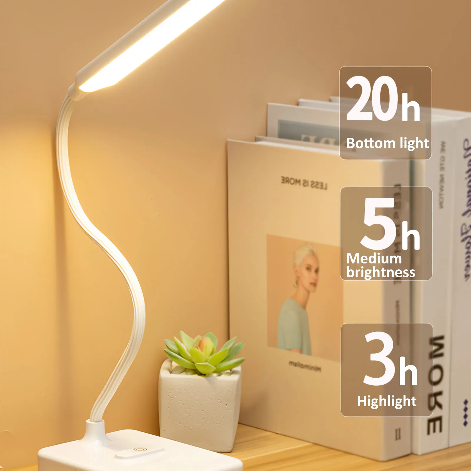 

LED Table Light Adjustable Brightness Hose Lamp 1200mAh Rechargeable Desktop Reading Light with Phone Holder for Reading Study