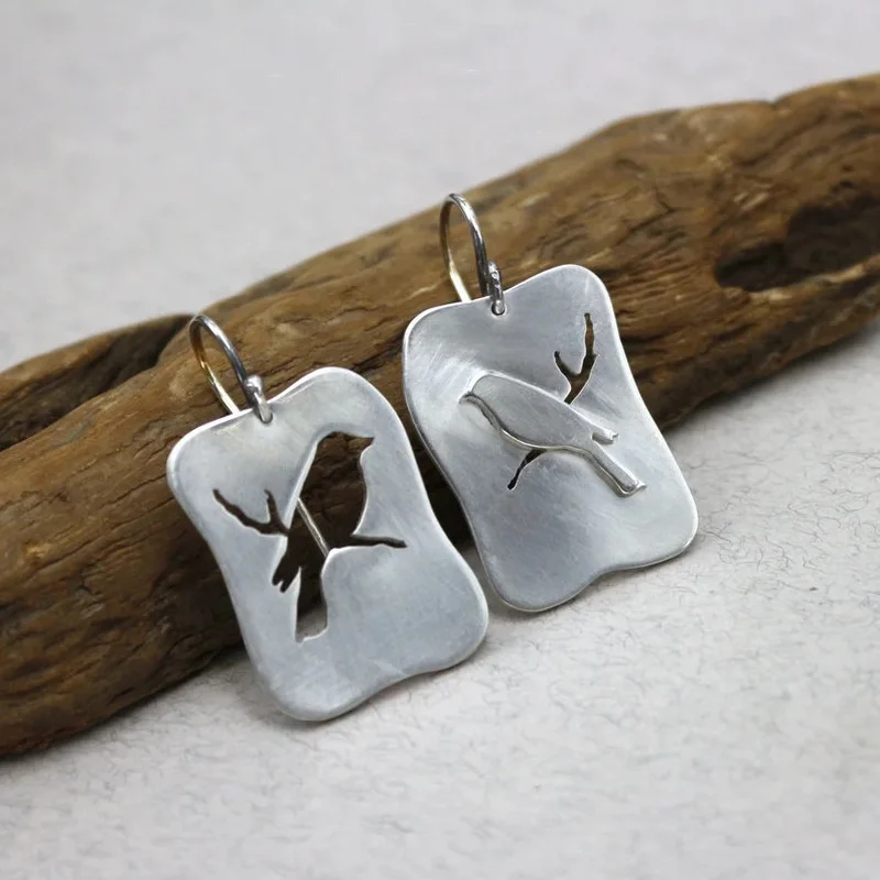 Vintage Square Metal Craftsman Carved Bird Earrings Boho Women Simple Asymmetric Hook Drop | Dangle