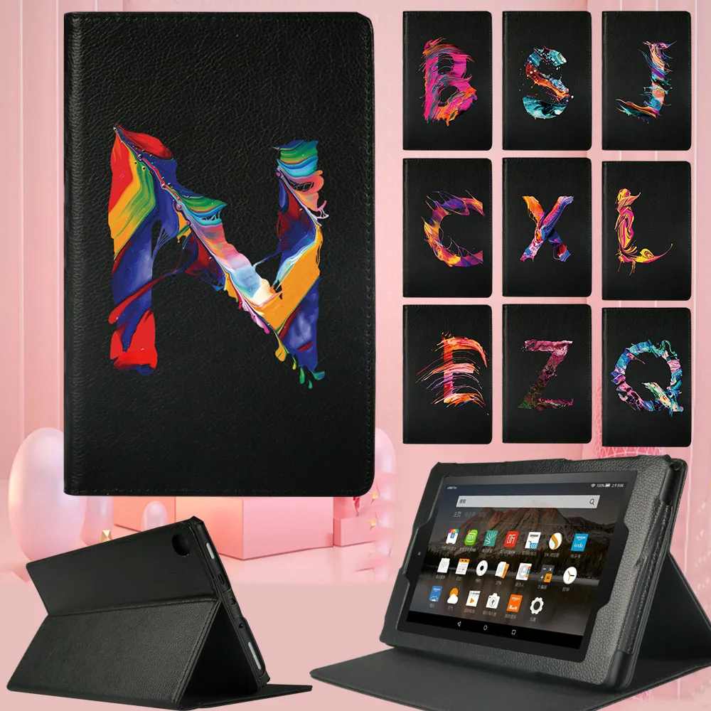 

Tablet Case for Fire HD 8(6/7/8th)/HD 10(5/7/9th Gen)/Fire 7(5/7/9th) Painting 26 Letters Pattern Leather Stand Cover + Stylus