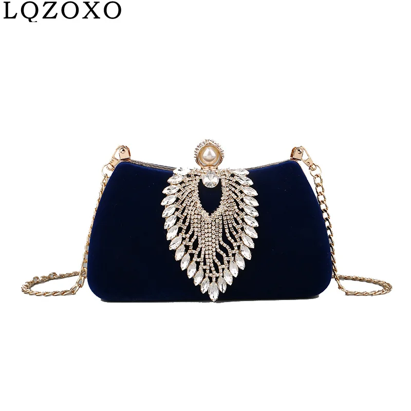 Velvet Women Evening Bags DIamonds Pearl Day Clutches Shoulder Handbags Purse Rhinestones One Side Purse