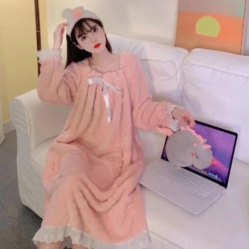 

Sweet Cute Long Sleeve Sleepwear Women Nightdress Autumn Winter Flannel Casual Loose Warm Thick Female Lounge Homewear