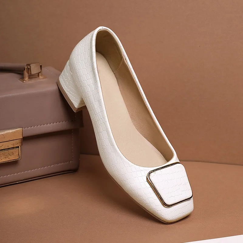 

Brand Shoes Thick Heel Ladies Pumps Snake Pattern Leather Square Toe Solid Med Heels Party Handmade Shoes Women Black White New