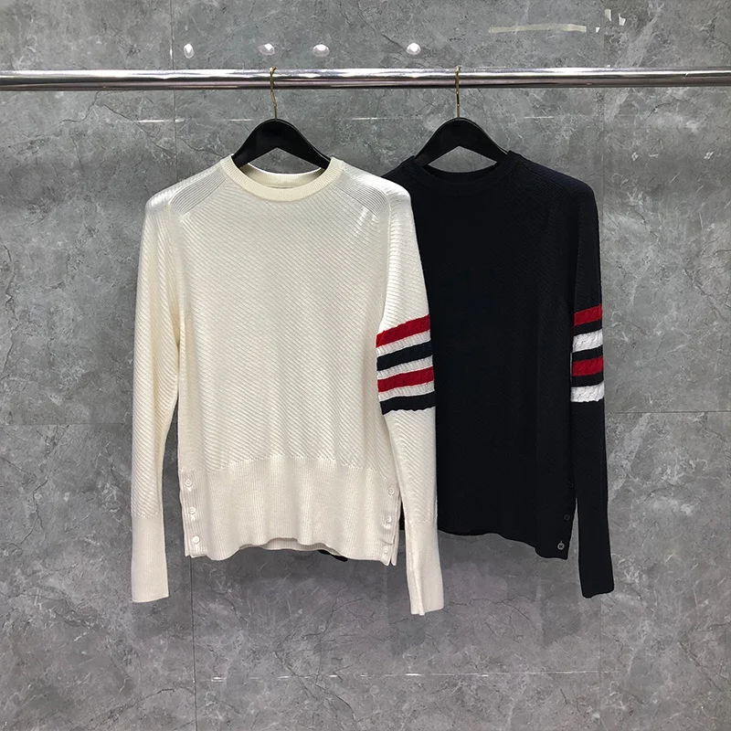 

Свитер THOM на осень и зиму, одежда в Корейском стиле на заказ, тонкая мериносовая шерсть RWB, 4 полоски на руку, пуловер в полоску, пальто