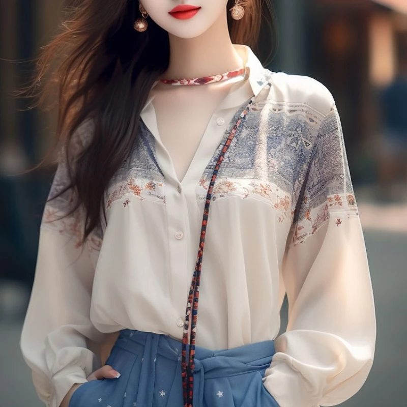 Рубашка Женская атласная с длинным рукавом шелковая блузка свободного покроя в