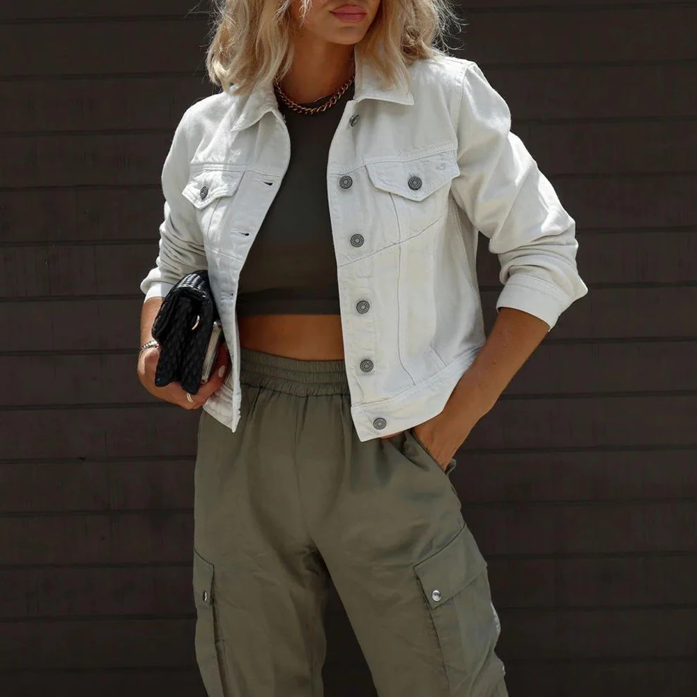 

2023 Autumn Slim Solid Women's Denim Jacket Coat Lapel Single Breasted Cropped Bomber Jackets Fashion High StreetWear Female