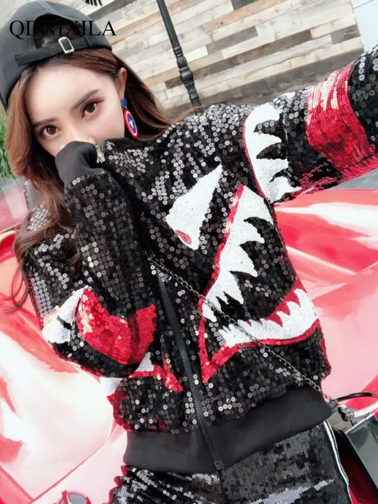 

Y2k Streetwear Women's Jacket Baseball Collar Sequin Jacket Loose Korean Spring/autumn Street Versatile Women's Bomber Jacket