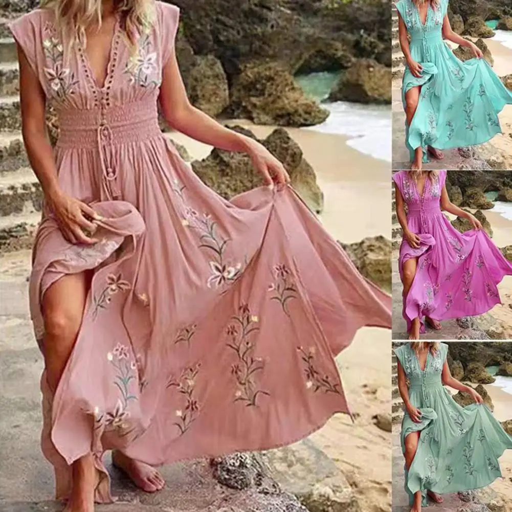 

Vintage Floral Boho Printed Vestidos Women Short Sleeves V Neck Slit Midi Dresses A Line Bohemian Summer Beach Dress