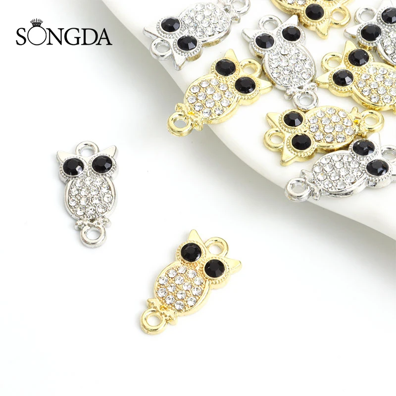 

10pcs Cute Owl Crystal Rhinestone Connectors Silver/Gold Color Animal Alloys Charms Connectors For DIY Jewelry Craft Accessories