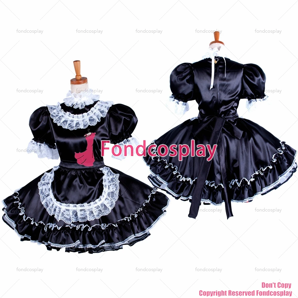 

tailor-made sexy adult dressing cross maid sissy short lockable black satin dress uniform apron costume tv/cd[g1576]